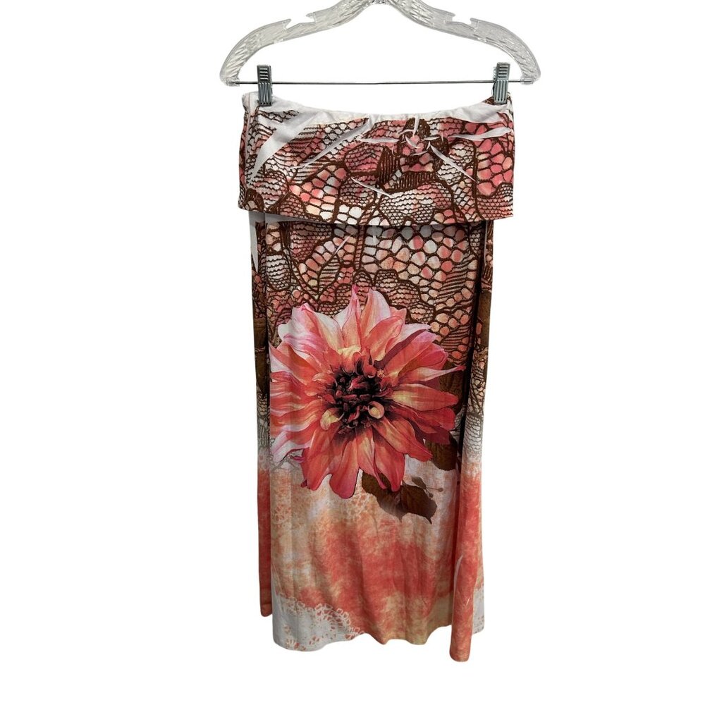 Poliana Plus Floral Strapless Midi Dress Pink Brown Sz XL Bohemian Summer Chic
